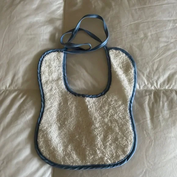 Baby Bib, 6.5x9.5 inches, handmade, towel material, white & blue, reversible.