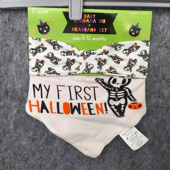 My First Halloween Infant Set Bandana Bib Snap Headband Skeleton Gertex