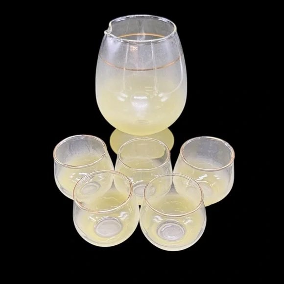 Blendo Set 6 Pc Yellow Frosted Cocktail Pitcher & Roly Poly Glasses Vintage MCM