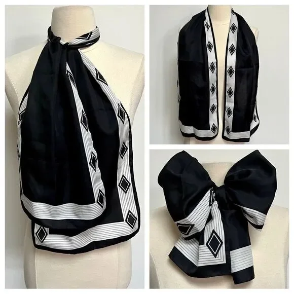 Vintage 1960s Long Black Southwestern Diamond Trim Black and White Scarf