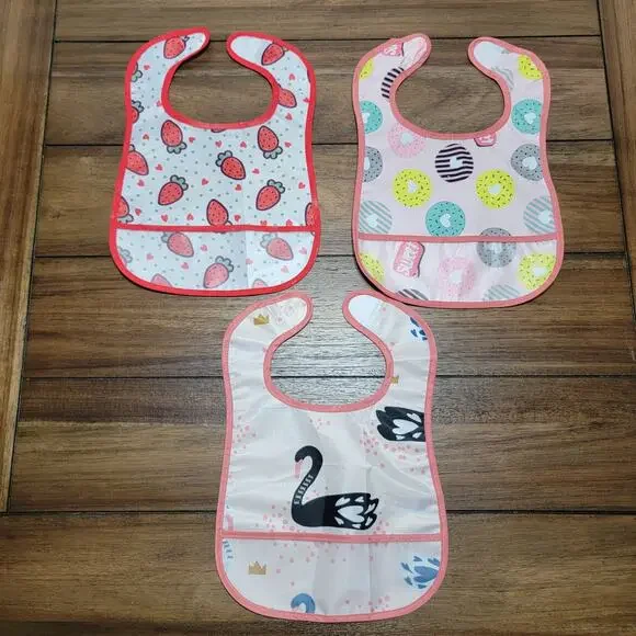 Set of 3 Infant Girl Super Bibs: Strawberries, Donuts & Swans