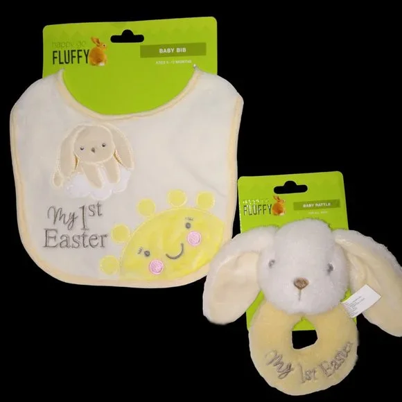 Happy Go Fluffy Baby’s My 1st Easter Bunny Bib & Rattle - New!