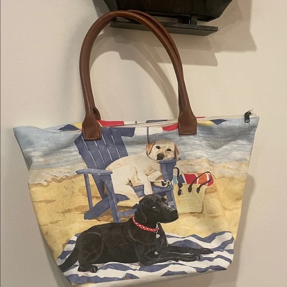 Dog Beach Tote Bag with Brown Handles