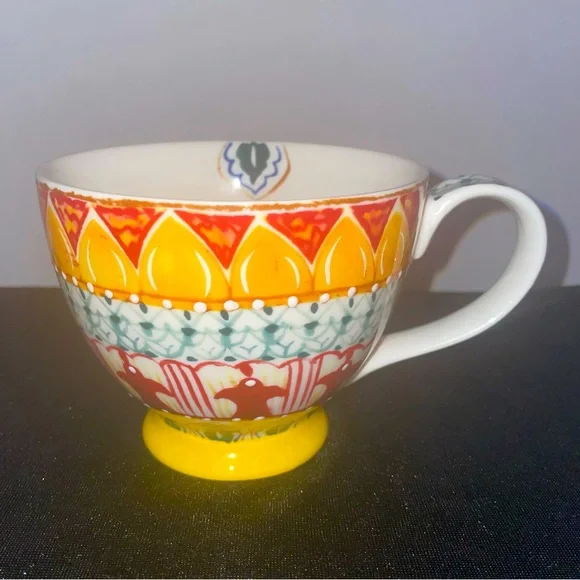 Bohemian 12 oz Coffee Tea Cup Footed BOHO Yellow Green White Blue NWOT MINT
