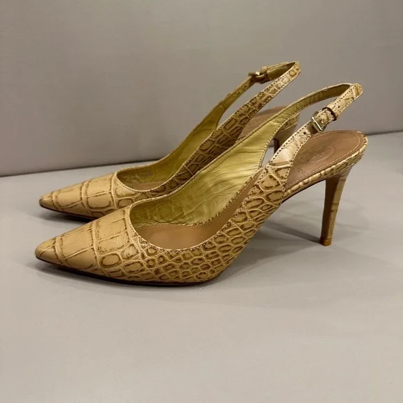Tory Burch Croc-Embossed Slingback Kitten Heels