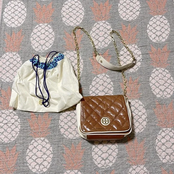 Tory Burch Brown Quilted Crossbody with Cream Trim