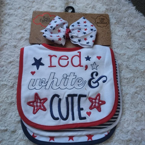 Baby Essentials 0-6mo Red White & Blue Patriotic Bib & Headband Set
