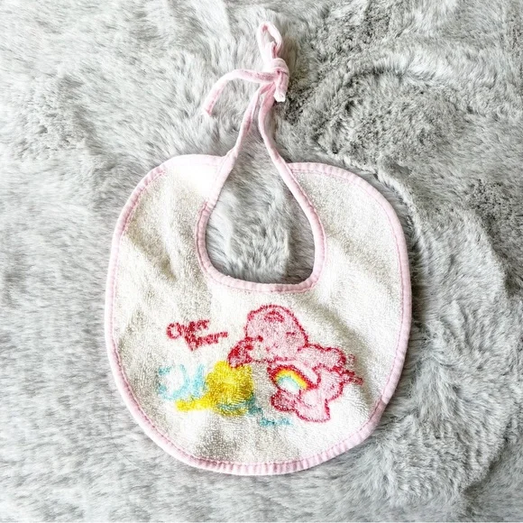 CARE BEARS Vintage Terrycloth Baby Bib “Cheer Bear” with Pink Edge