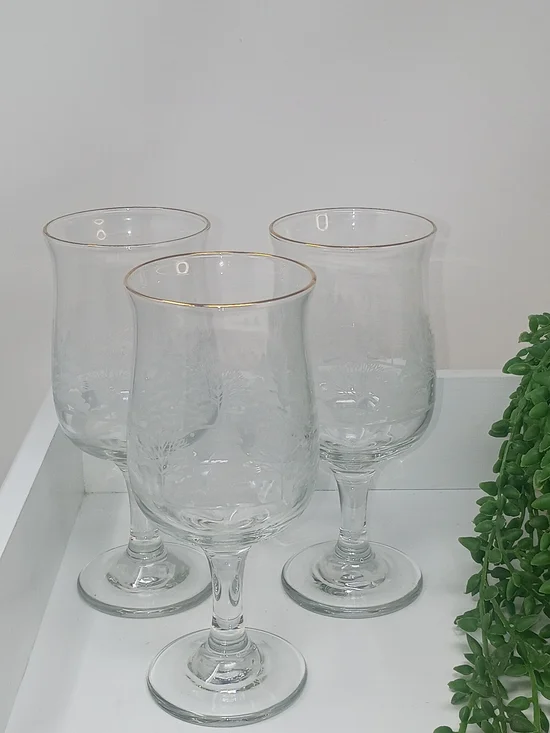 Vintage Libbey Winter Wonderland Wine Glasses with Gold Rim - Set of 3