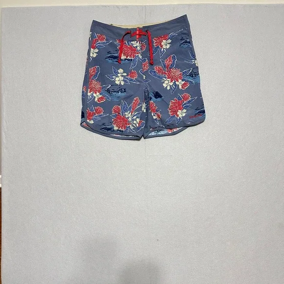 Patagonia Mens 30 Blue Floral Board Shorts Swim Trunks Scalloped Hem 7 Inseam