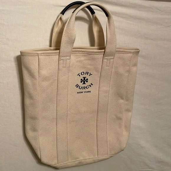 Tory Burch Mercer St. Canvas Tote Bag in Cream Navy Leather Straps