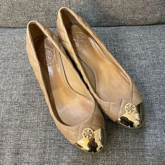 Tory Burch Kaitlin Quilted Leather Gold Cap-Toe Pumps Heels Women’s Size 5.5