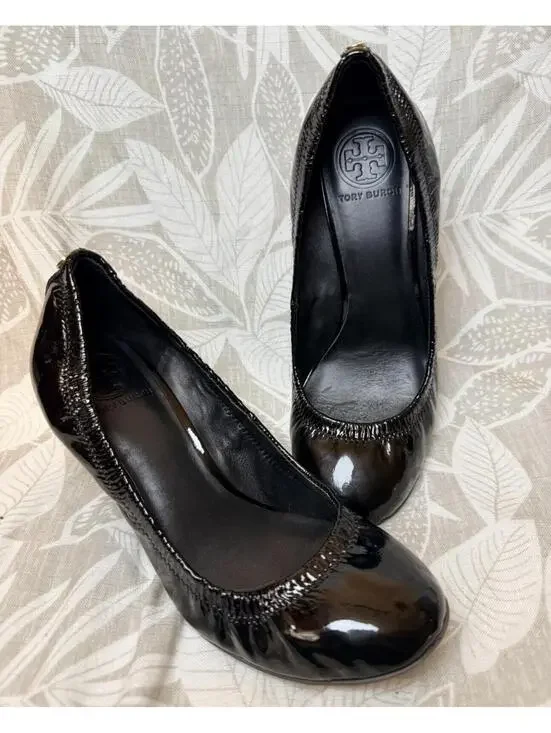 Tory Burch Eddie Black Patent Leather Wedges 8M
