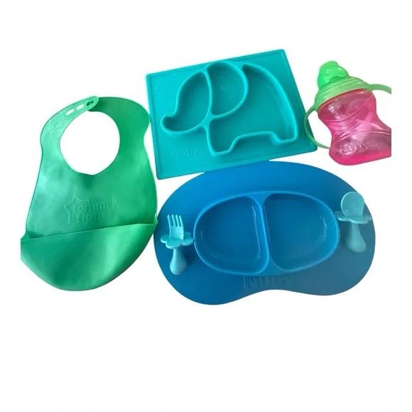 Tommee Tippee Kids Bib and Feeding Set - Green, Blue, Pink