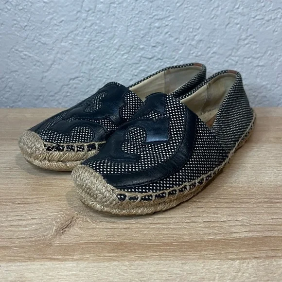 Tory Burch Espadrille Flats Black Leather Women's Size 5M