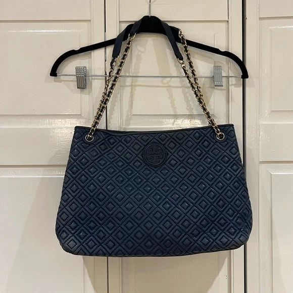 Tory Burch Navy Marion Quilted Tote Chain Shoulder Bag
