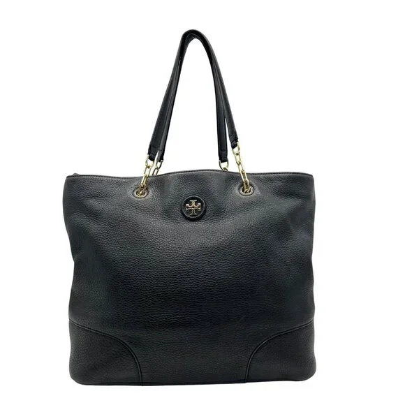 Tory Burch Black Pebbled Leather Carter Chain Tote Bag