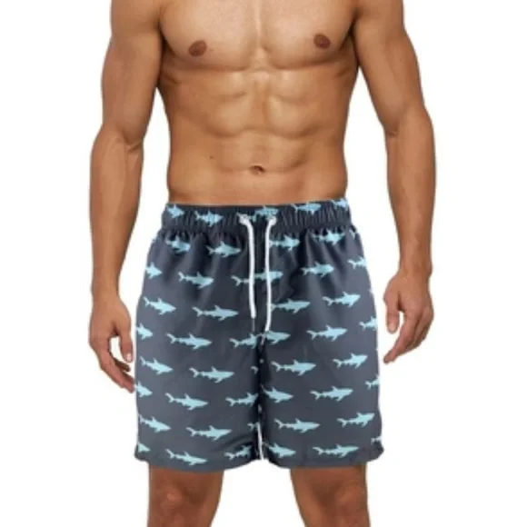 Men's Shark Print Swim Trunks Shorts - Blue Size Medium Summer Vacation Pool