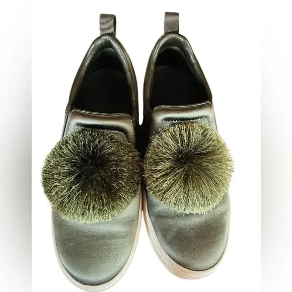 Tory Burch Daphne Pom Pom Sneaker Satin Lux Olive Green Slip On Shoe Size 7.5.