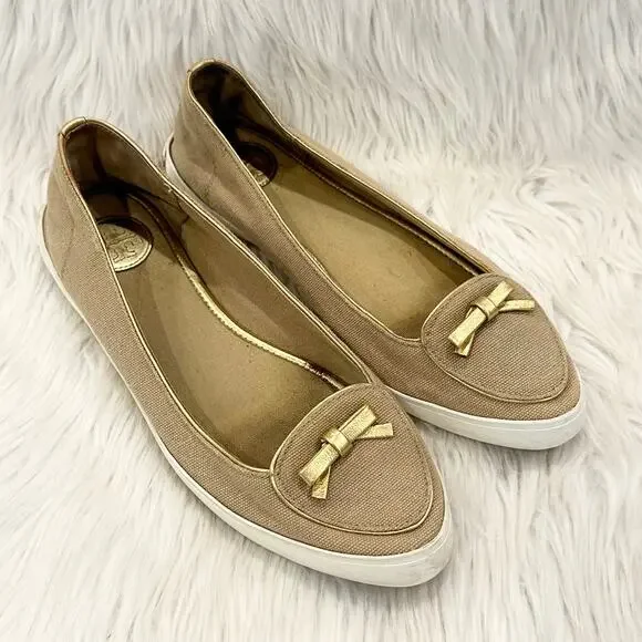 Tory Burch Dakota Flats Sneaker Canvas Leather Bow Logo Shoes, Tan/ Gold