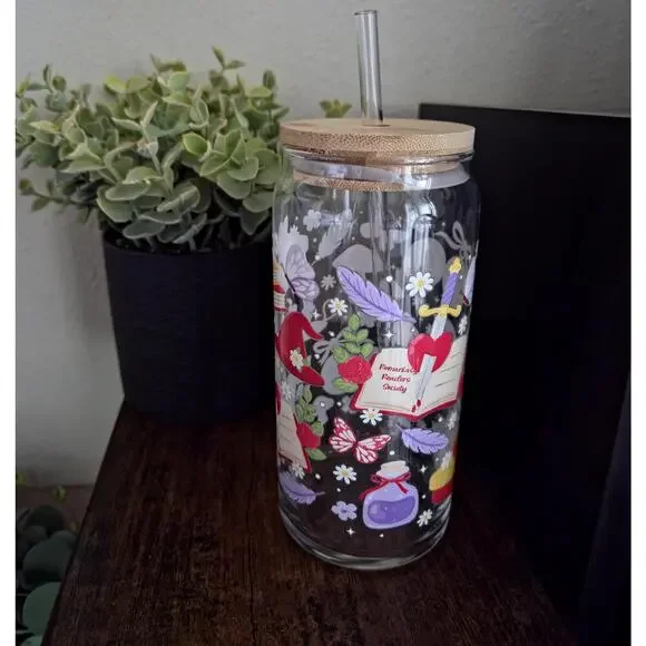Fantasy Garden Picnic Glass Tumbler, Bookish Dragon Sword Design, Bamboo Lid