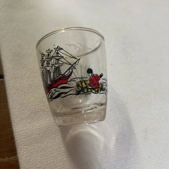 Vintage Libbey Gold Edge Shot Glass Sailing Ship Design