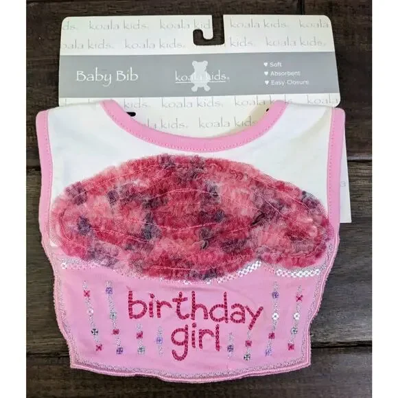 NEW KOALA KIDS BABY BIRTHDAY GIRL CUPCAKE PINK FEEDING BIB Ruffle Embroidered