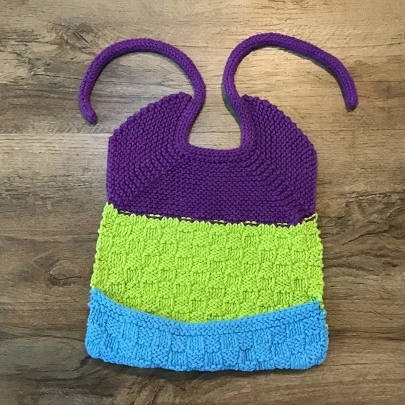 VINTAGE Handmade Knitted Baby Bib Purple Green Blue 80’s 90’s