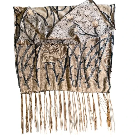 Elegant Floral Scarf Shawl Beige Brown‎ Black Tassel Accent Statement Accessory