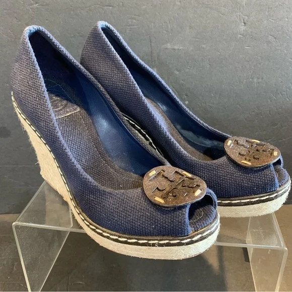 Tory Burch Blue Canvas Stylish Navy Wedge Heels. Size 6.5