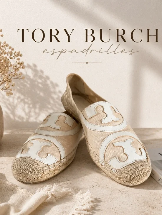 Tory Burch Poppy Logo Espadrille Flats Canvas Leather Neutral Size 9