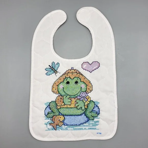 Bucilla Pond Pals Cross Stitch Bib Baby Quilted Frog Heart Fish White Completed
