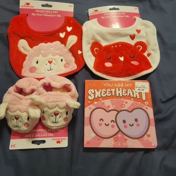 Baby Bibs My First Valentine Lot of 4 items 2 Bibs, Slippers, And Board Book NEW