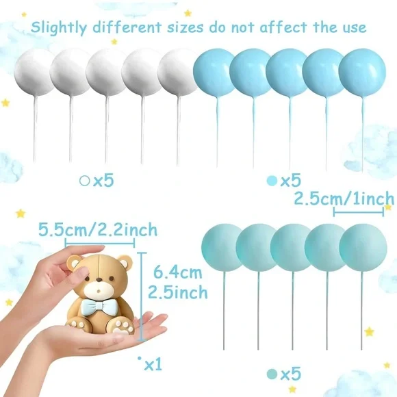 Blue and White Bear Balloon Cake Toppers