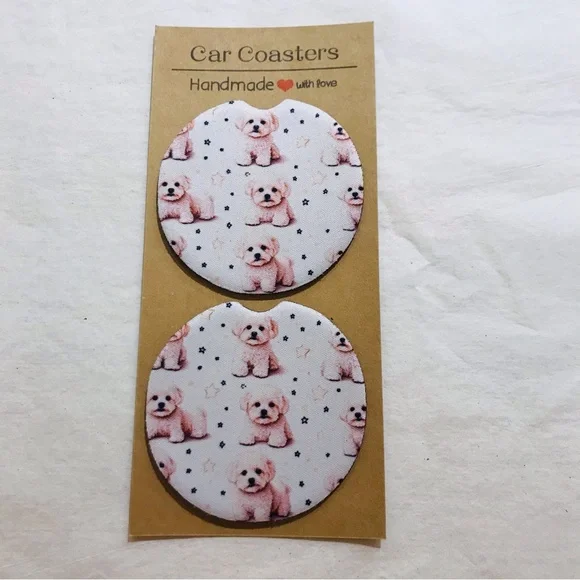 Handmade Bichon Frise With Stars Neoprene Car Coasters Set