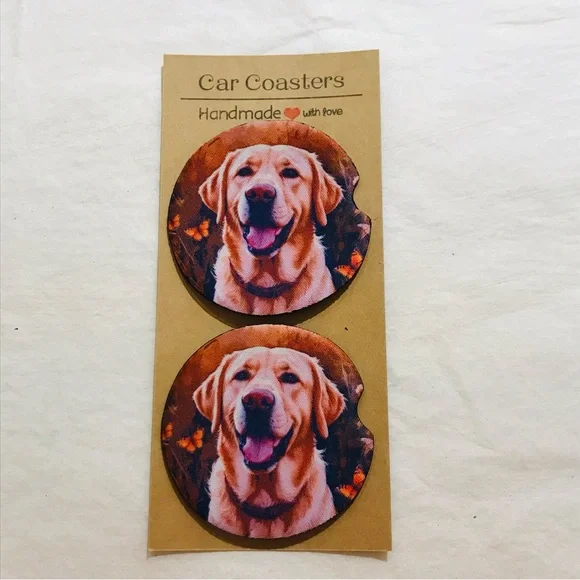 Handmade Yellow Labrador Retriever Dog Car Coasters Set