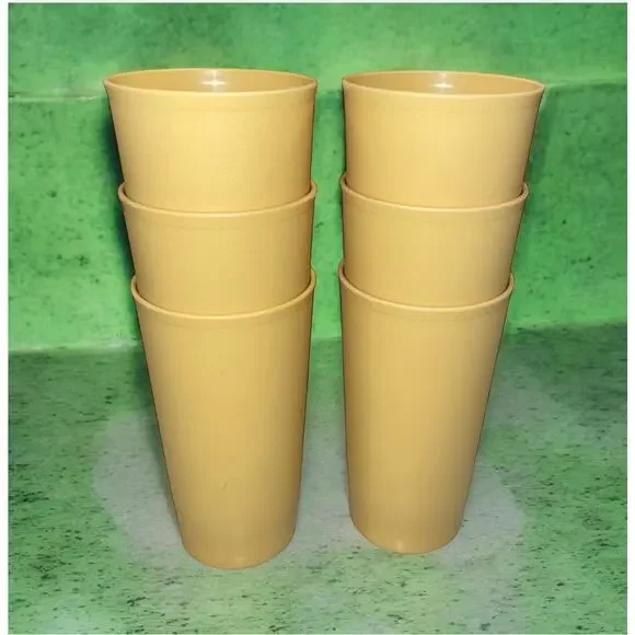 Tupperware 873 Tumbler Cups Lot 6 Harvest Gold 12oz Textured 70s Retro Vintage