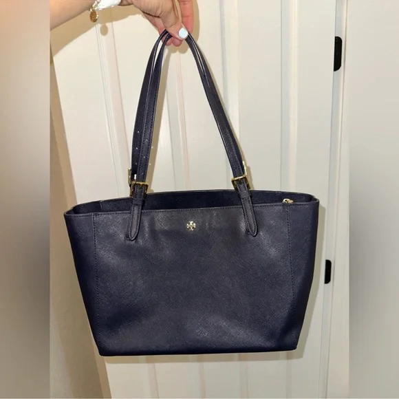 Tory Burch Emerson Dark Blue Tote with center zip pocket