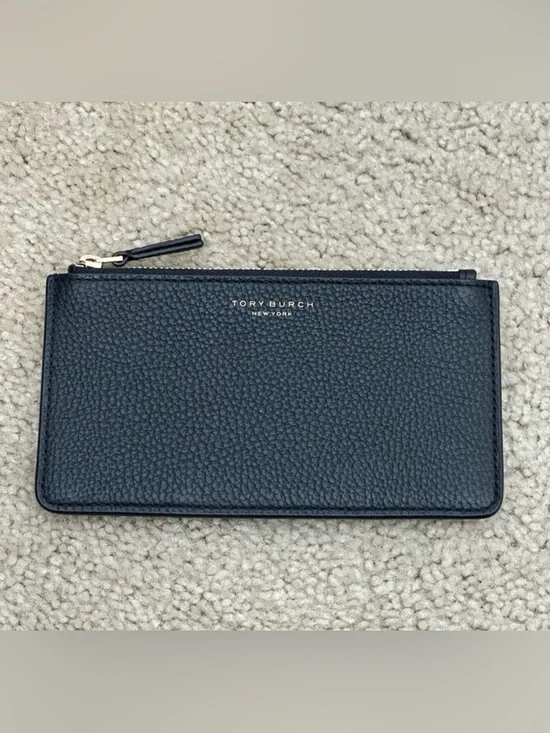 Tory Burch Thea Zip Card Wallet‎ in Black Pebbled Leather VGUC