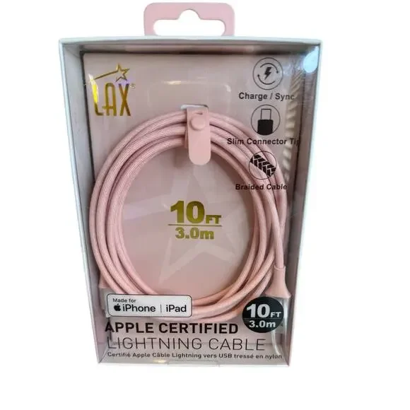 LAX Apple Certified Lightning Charging Cable Pink 10ft