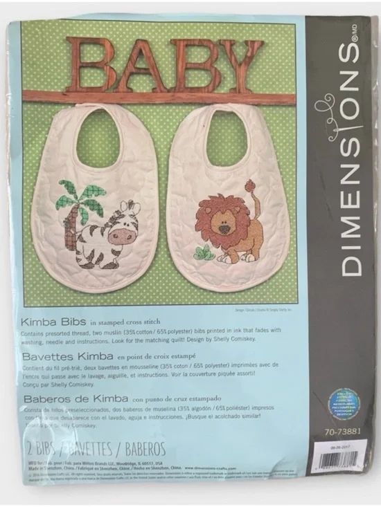 Dimensions Jungle Themed Kimba Bibs Cross Stitch Baby Bib Kit Lion Zebra