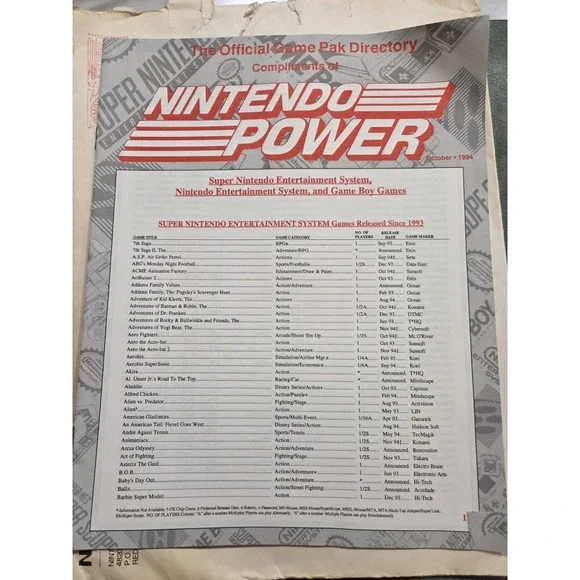 Nintendo - The Official Super Nintendo Game Pak Directory - 1993