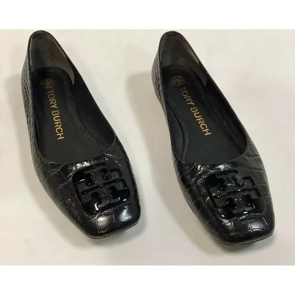 Tory Burch Black Croc Embossed Leather Ballet Flats Shoes Women Size 7M