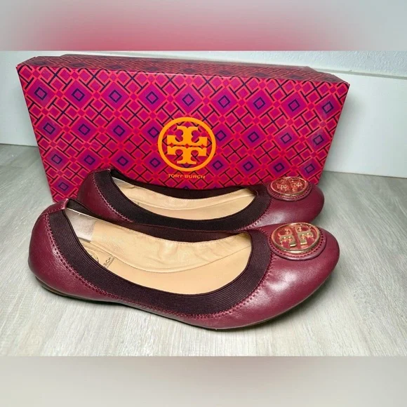 Tory Burch Burgundy Leather Ballet Flats Gold Logo Women Size 7.5 M