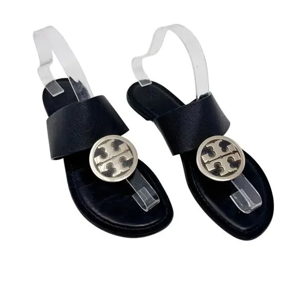 Tory Burch Benton Band Black Leather Logo Medallion Sandals 8