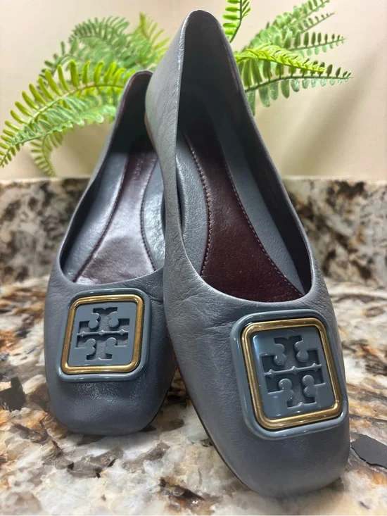 Tory Burch Gray Leather Logo Ballet Flats with Gold-Tone Accent