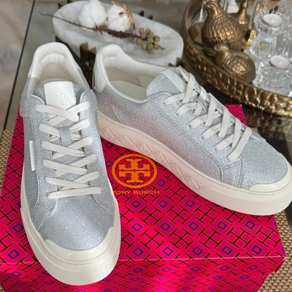 Tory Burch Lady Bug Women's Silver Glitter Sneakers Sz 10