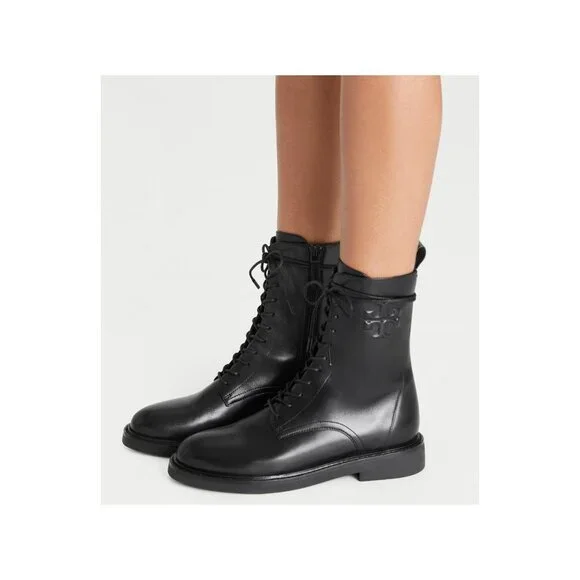 🆕 TORY BURCH Double T Ankle Moto Combat Boot 8.5 Black