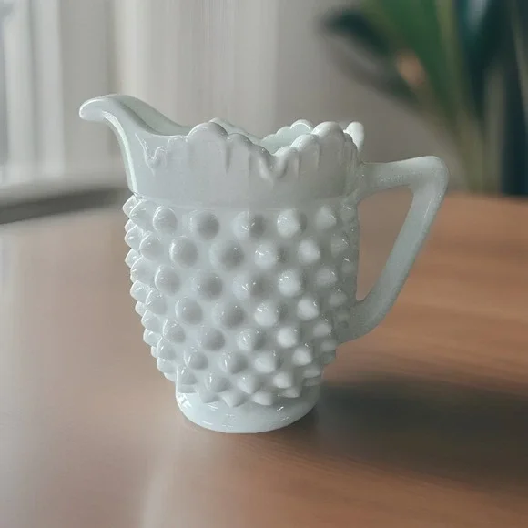 Vintage Fenton Milk Glass Hobnail Footed Crown Top Creamer 4