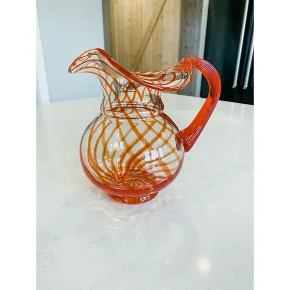 Vintage Red Swirl Ruffled Brim Hand Blown Glass Pitcher, 7